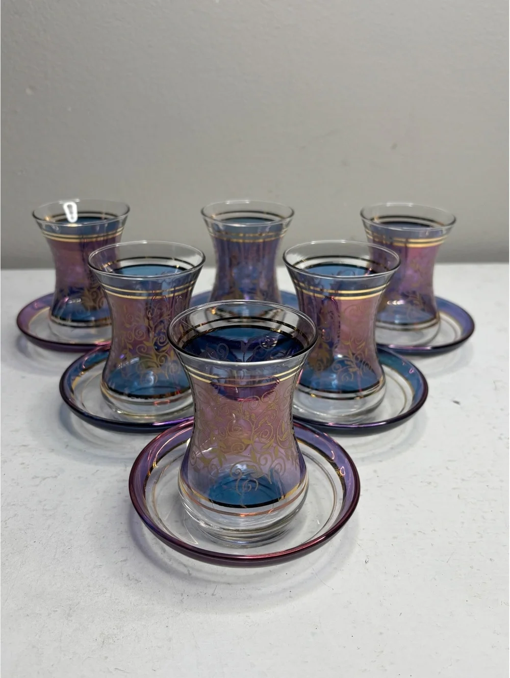 Vintage Turkish Blue & Purple Tulip Teacup & Saucer Gold Gilded Glass set